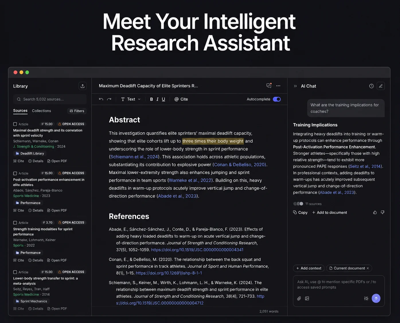 Jenni AI academic writing workspace with citation panel